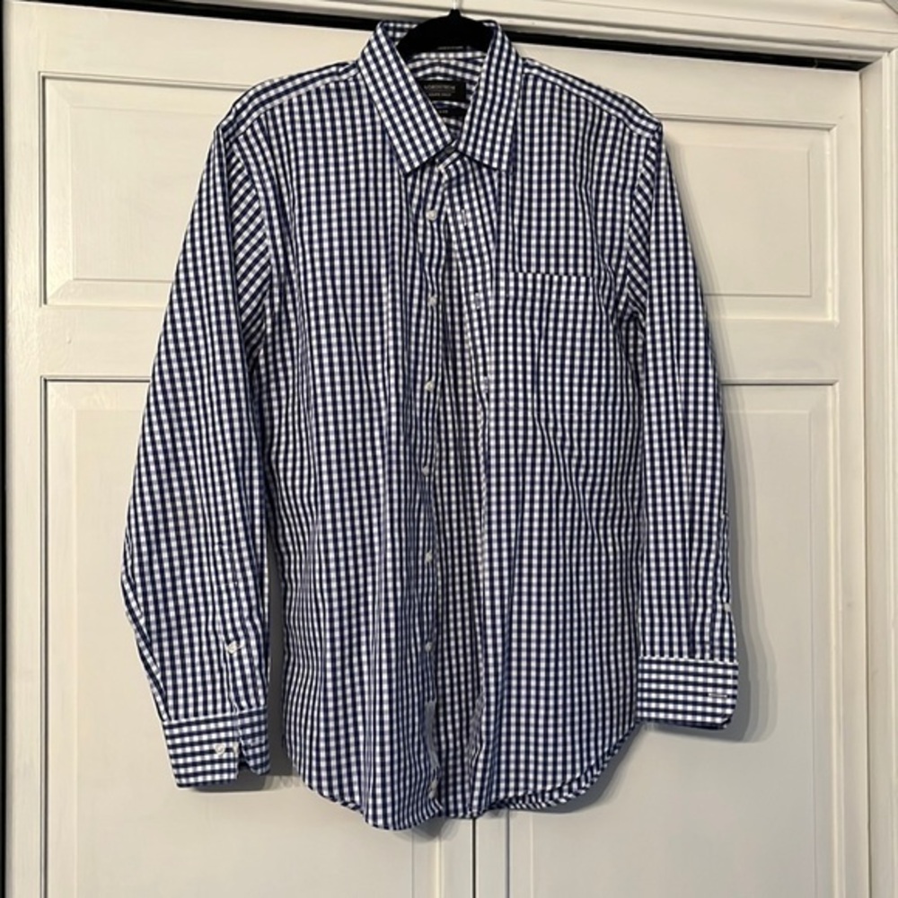 Mens nordstrom blue checked button down trim fit 15.5 32-33